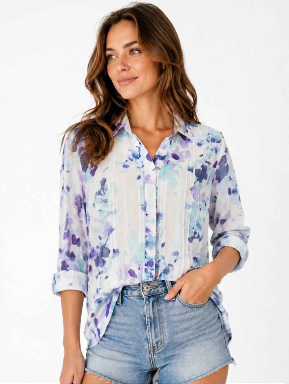 Coldwater Creek Floral Button Front Blouse Medium 10-12 100% Cotton Purple Blue